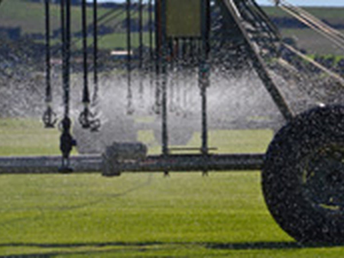 Irrigation watering Brook Turf fields with reclaimed water on the Fleurieu Peninsula